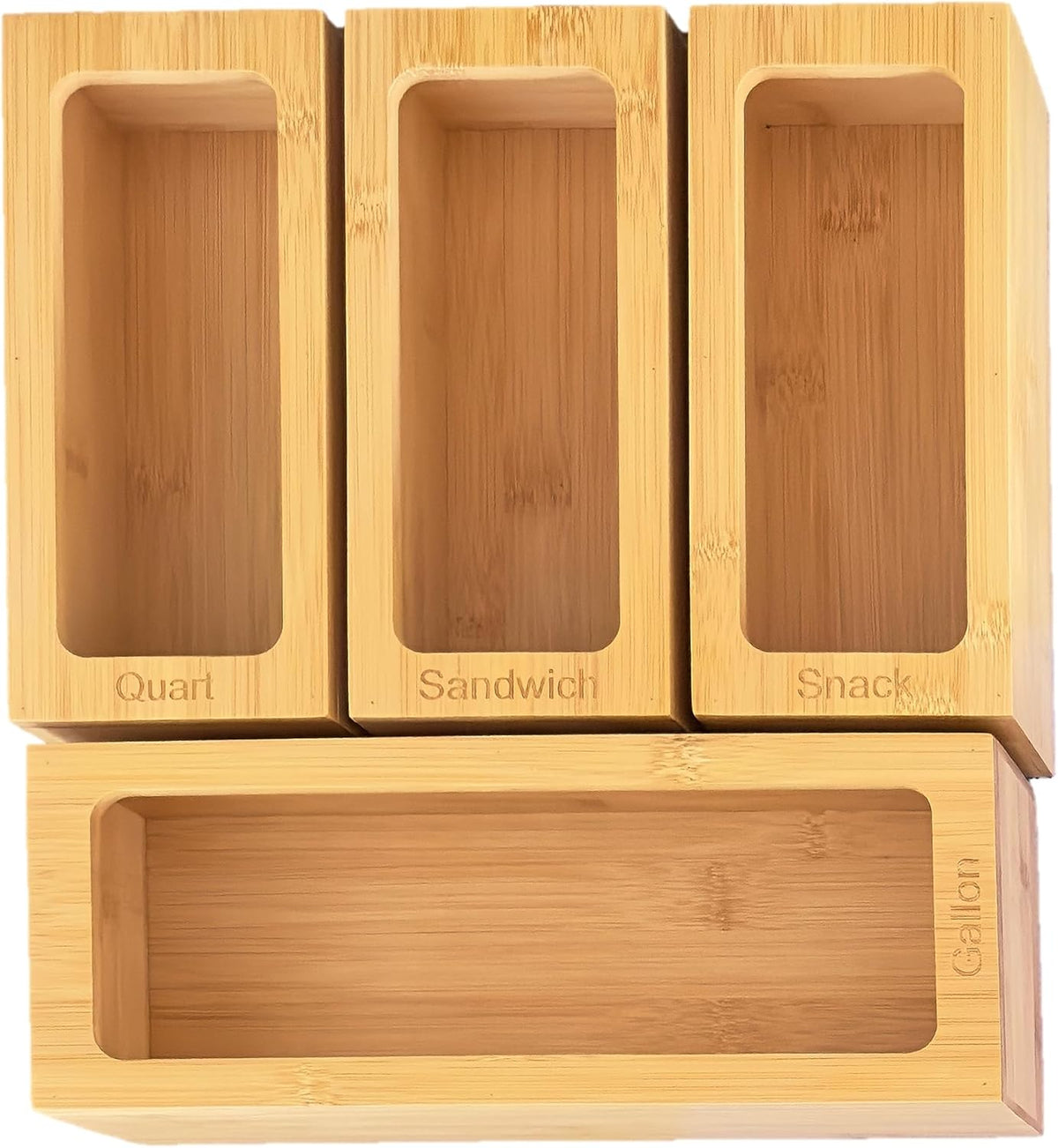 Incredinest Bamboo Drawer Organizer Bag Holder – Modular Design Zip Lock Bag Organizer Plastic Wrap Dispenser with Cutter – Baggie Organizer for Drawer with Single and Double Wrap Dispenser
