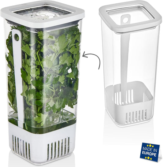 Herb Keeper for Refrigerator | Vegetable Containers for Fridge | Herb Saver with Water Reservoir Case and Strainer | Vegetable Preservation Container for Mint, Parsley, 1.8 qt