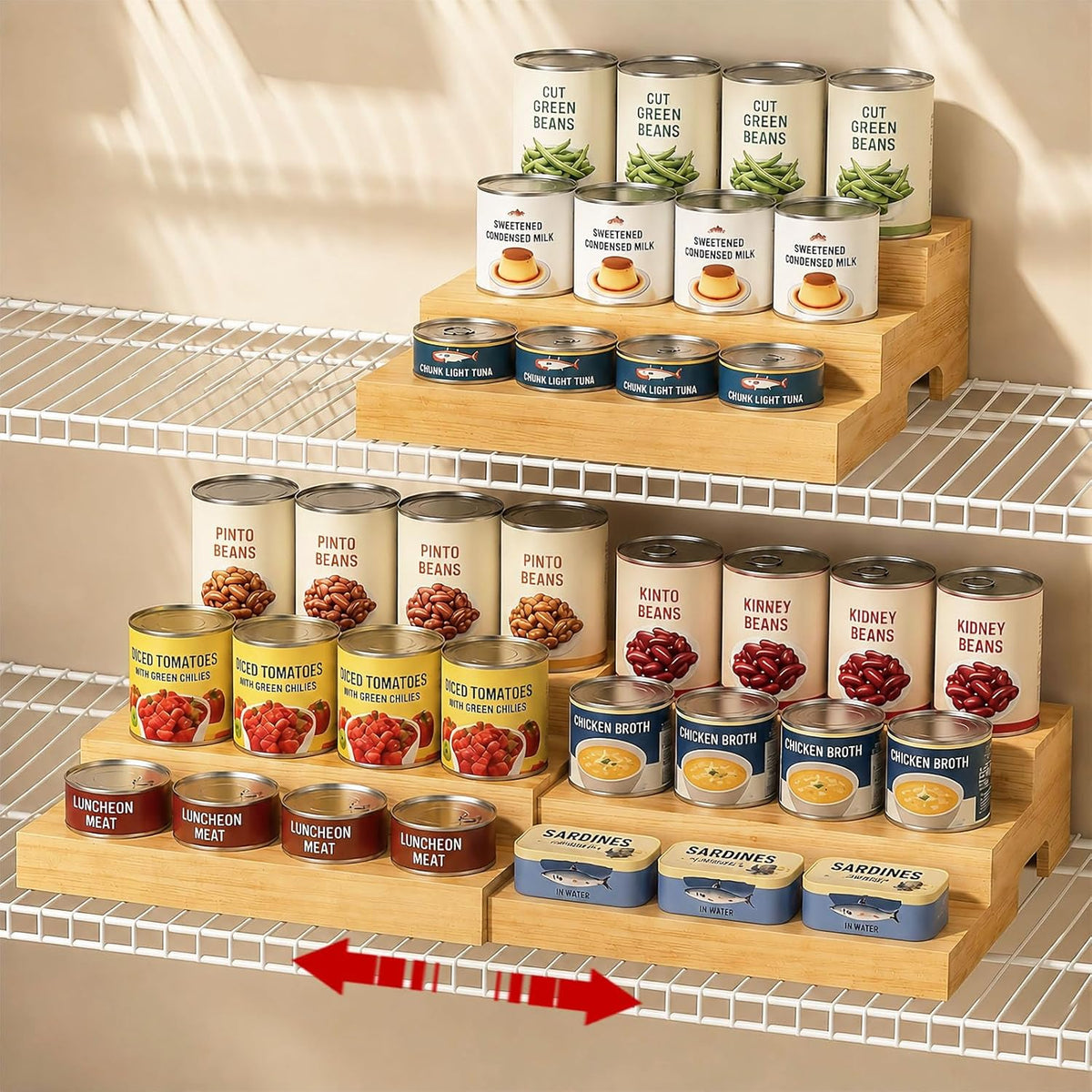 Expandable 3-Tier Wooden Can Organizer for Pantry, Adjustable Shelf Holds 24 Cans, Storage Rack for Cabinet & Countertop, Space Saving Pantry Organizer for Small Kitchens and Apartments