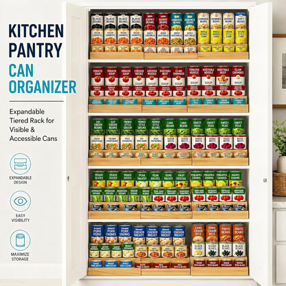 Expandable 3-Tier Wooden Can Organizer for Pantry, Adjustable Shelf Holds 24 Cans, Storage Rack for Cabinet & Countertop, Space Saving Pantry Organizer for Small Kitchens and Apartments