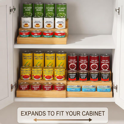 Expandable 3-Tier Wooden Can Organizer for Pantry, Adjustable Shelf Holds 24 Cans, Storage Rack for Cabinet & Countertop, Space Saving Pantry Organizer for Small Kitchens and Apartments