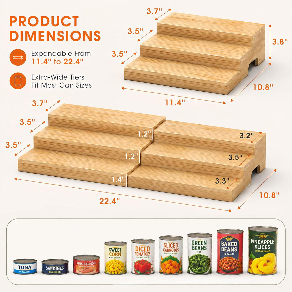 Expandable 3-Tier Wooden Can Organizer for Pantry, Adjustable Shelf Holds 24 Cans, Storage Rack for Cabinet & Countertop, Space Saving Pantry Organizer for Small Kitchens and Apartments