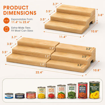Expandable 3-Tier Wooden Can Organizer for Pantry, Adjustable Shelf Holds 24 Cans, Storage Rack for Cabinet & Countertop, Space Saving Pantry Organizer for Small Kitchens and Apartments