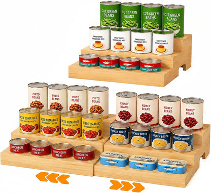 Expandable 3-Tier Wooden Can Organizer for Pantry, Adjustable Shelf Holds 24 Cans, Storage Rack for Cabinet & Countertop, Space Saving Pantry Organizer for Small Kitchens and Apartments
