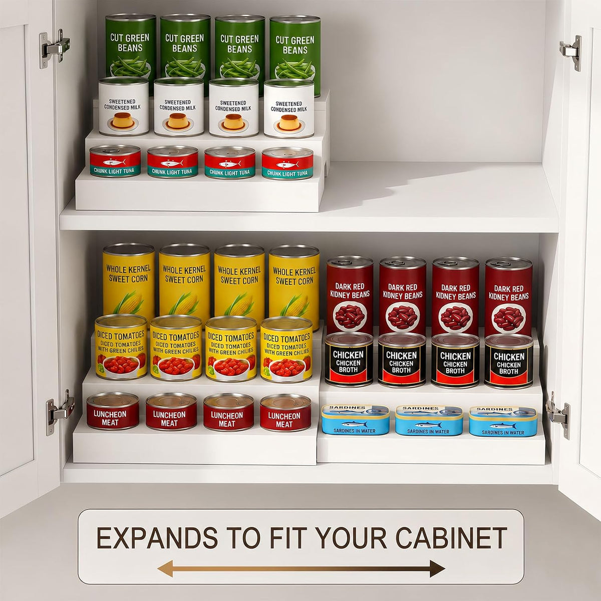 Expandable 3-Tier Wooden Can Organizer for Pantry, Adjustable Shelf Holds 24 Cans, Storage Rack for Cabinet & Countertop, Space Saving Pantry Organizer for Small Kitchens and Apartments