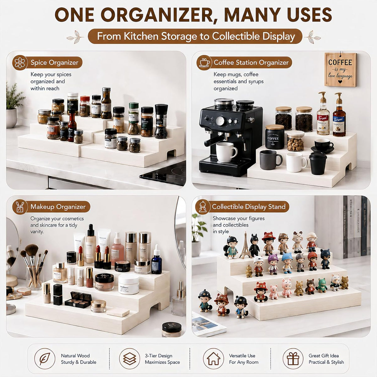 Expandable 3-Tier Wooden Can Organizer for Pantry, Adjustable Shelf Holds 24 Cans, Storage Rack for Cabinet & Countertop, Space Saving Pantry Organizer for Small Kitchens and Apartments