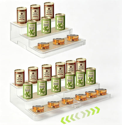 Adjustable Acrylic Can Rack Organizer for Pantry, 3-Tier Cream White Canned Goods Storage Holder with Non-Skid Adjustable Shelf for Cabinet, Countertop, Kitchen, 9.6 to 17.5 Inches