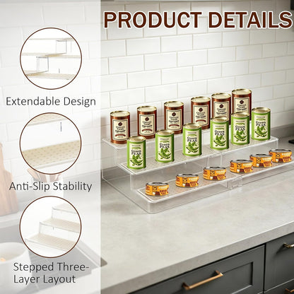 Adjustable Acrylic Can Rack Organizer for Pantry, 3-Tier Cream White Canned Goods Storage Holder with Non-Skid Adjustable Shelf for Cabinet, Countertop, Kitchen, 9.6 to 17.5 Inches