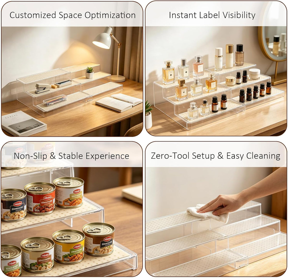 Adjustable Acrylic Can Rack Organizer for Pantry, 3-Tier Cream White Canned Goods Storage Holder with Non-Skid Adjustable Shelf for Cabinet, Countertop, Kitchen, 9.6 to 17.5 Inches