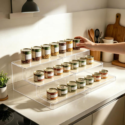 Adjustable Acrylic Can Rack Organizer for Pantry, 3-Tier Cream White Canned Goods Storage Holder with Non-Skid Adjustable Shelf for Cabinet, Countertop, Kitchen, 9.6 to 17.5 Inches