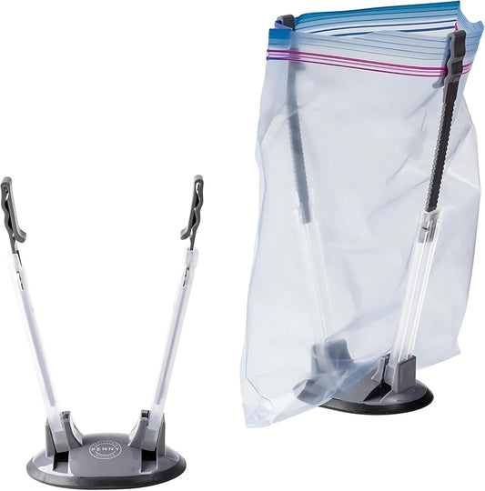 Freezer Bag Holder Stand (2 Pack) | Freezer Bag Stands | Ziplock Bag Holder for Filling | Adjustable Hands-Free Rack Clip | Meal Prep Bag Stand | Non-Slip Rubber Base (Grey)