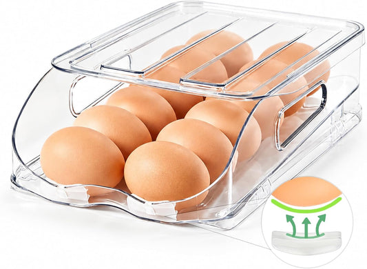 24-Egg Dispenser with Silicone Bumpers, Auto-Rolling, Stackable | BPA-free food-grade PET | Stackable with lid | Built-in handle | Fits Large to Jumbo Eggs | Hand wash only