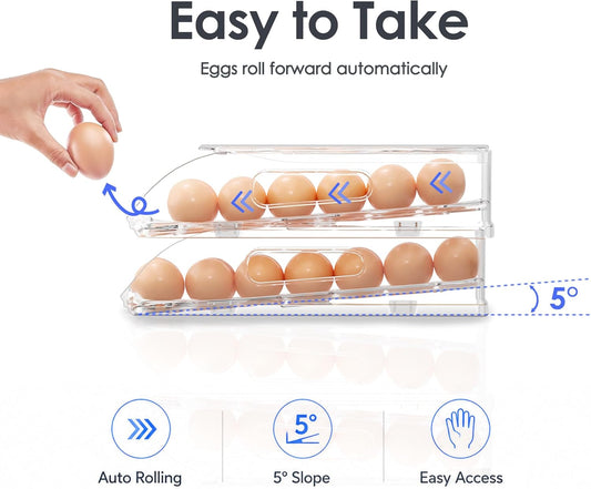 24-Egg Dispenser with Silicone Bumpers, Auto-Rolling, Stackable | BPA-free food-grade PET | Stackable with lid | Built-in handle | Fits Large to Jumbo Eggs | Hand wash only