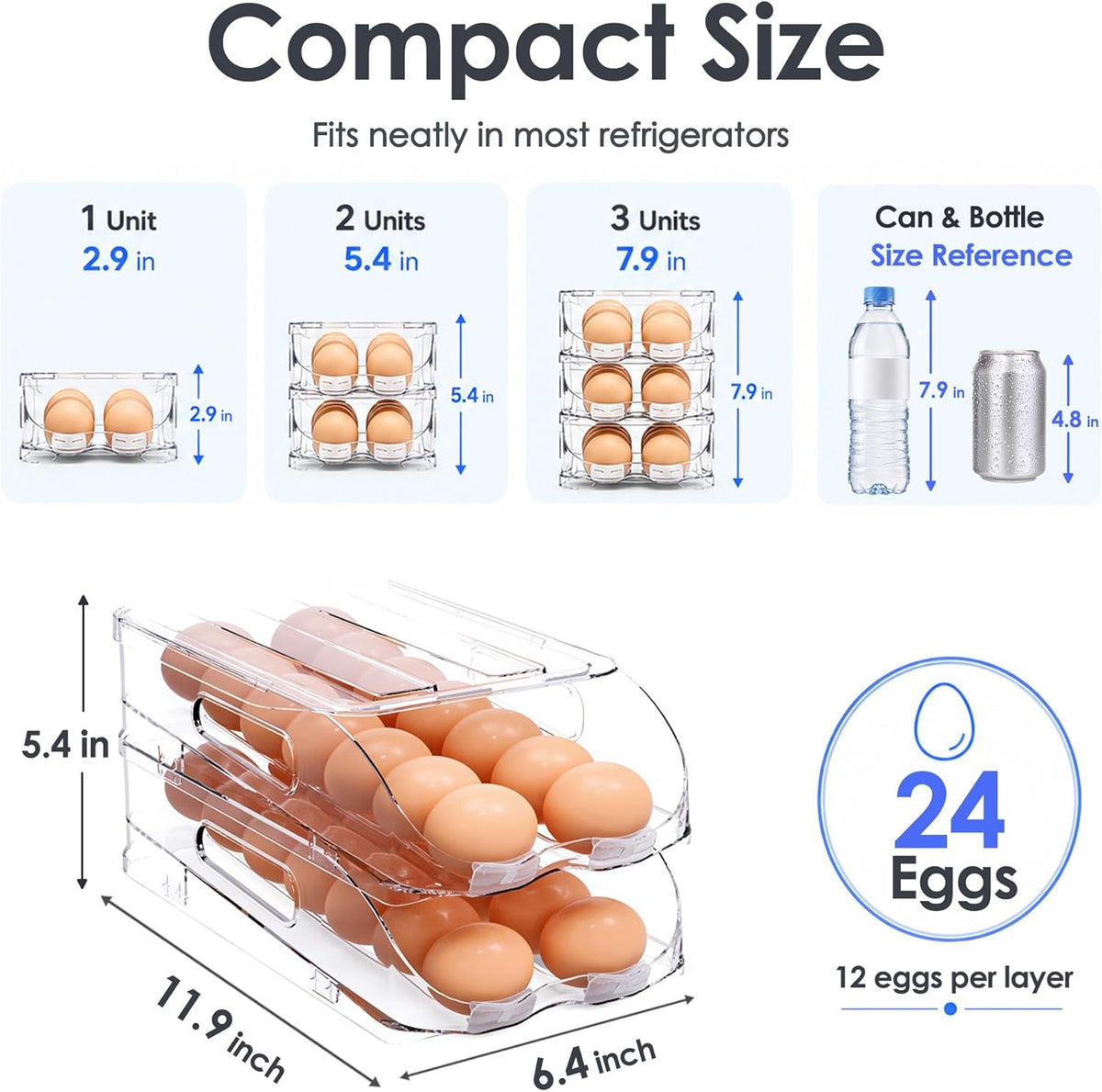 24-Egg Dispenser with Silicone Bumpers, Auto-Rolling, Stackable | BPA-free food-grade PET | Stackable with lid | Built-in handle | Fits Large to Jumbo Eggs | Hand wash only