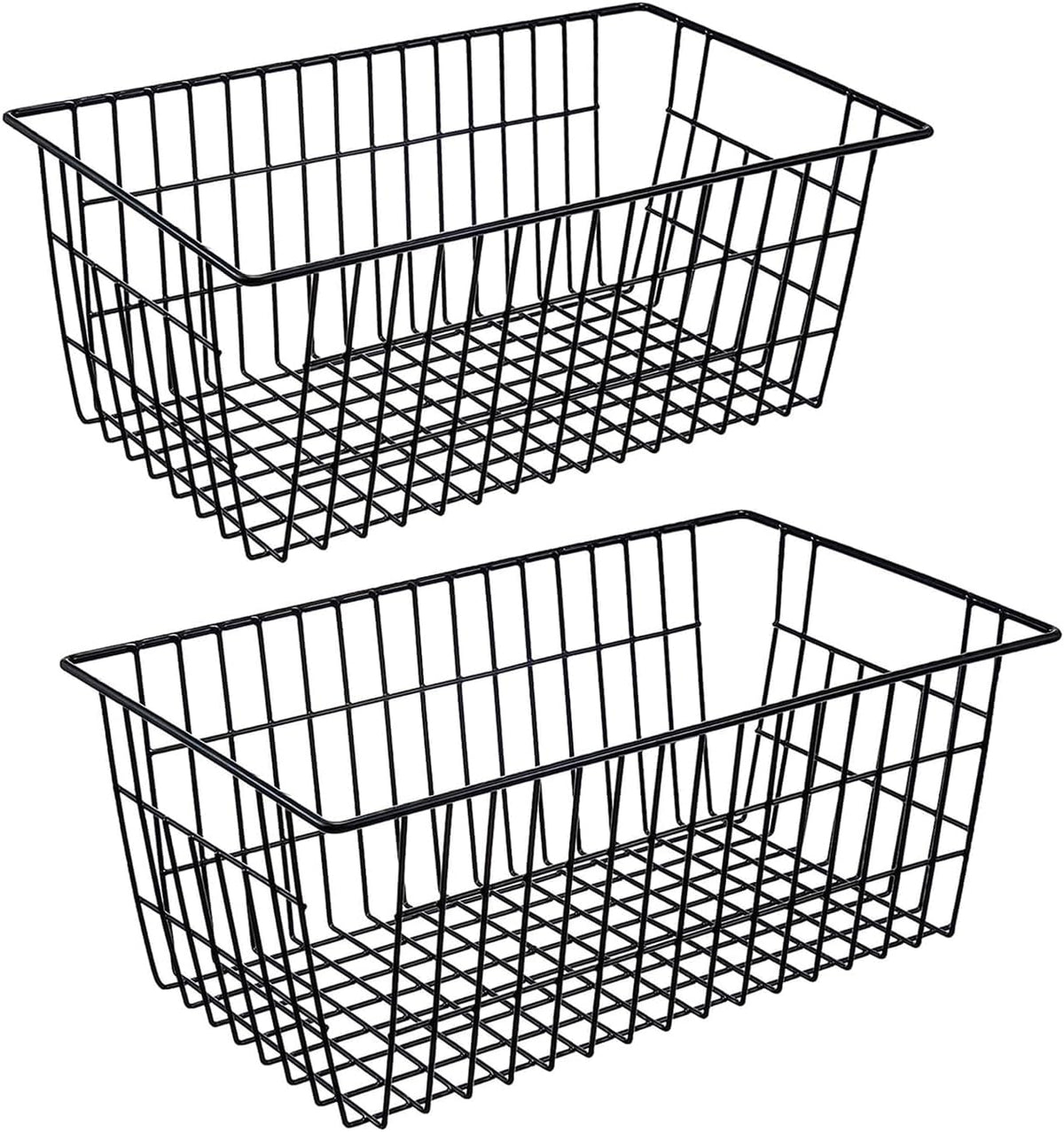 Wire Storage Baskets, Large Farmhouse Metal Freezer Basket Storage Organizer Bins with Handles for Kitchen Cabinets, Pantry, Closets, Bedrooms, Bathrooms, Set of 2, White