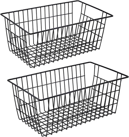 Wire Storage Baskets, Large Farmhouse Metal Freezer Basket Storage Organizer Bins with Handles for Kitchen Cabinets, Pantry, Closets, Bedrooms, Bathrooms, Set of 2, White