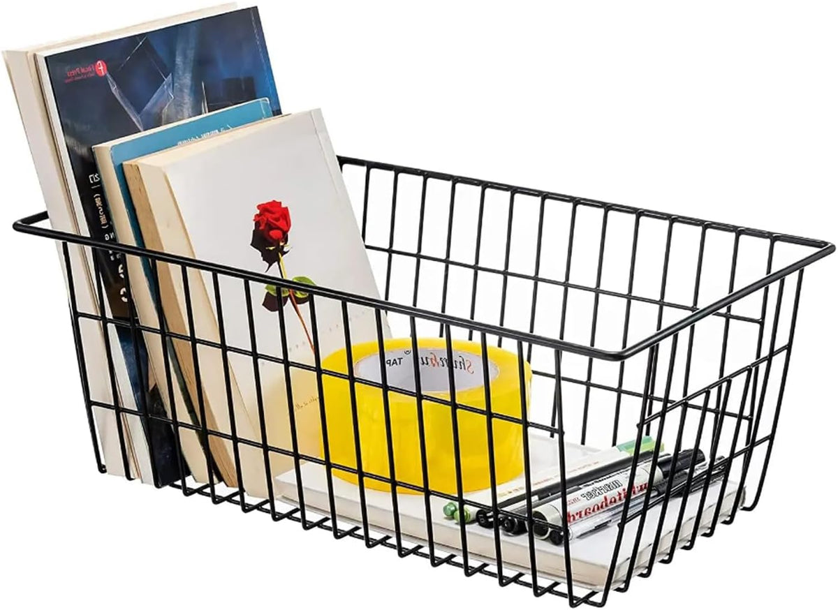 Wire Storage Baskets, Large Farmhouse Metal Freezer Basket Storage Organizer Bins with Handles for Kitchen Cabinets, Pantry, Closets, Bedrooms, Bathrooms, Set of 2, White