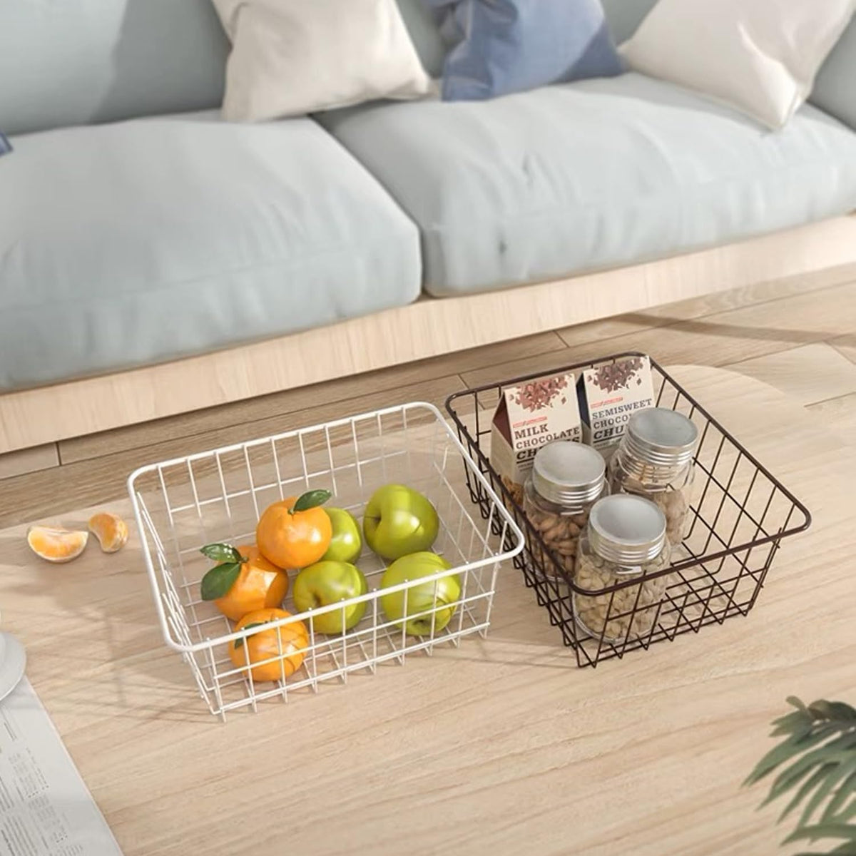 Wire Storage Baskets, Large Farmhouse Metal Freezer Basket Storage Organizer Bins with Handles for Kitchen Cabinets, Pantry, Closets, Bedrooms, Bathrooms, Set of 2, White