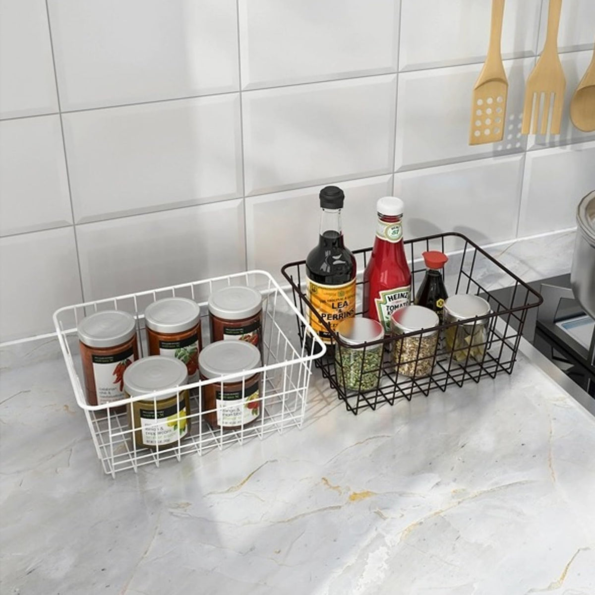 Wire Storage Baskets, Large Farmhouse Metal Freezer Basket Storage Organizer Bins with Handles for Kitchen Cabinets, Pantry, Closets, Bedrooms, Bathrooms, Set of 2, White