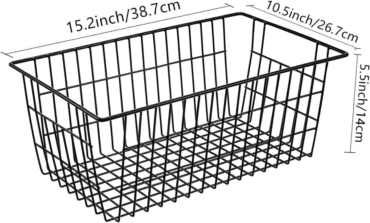 Wire Storage Baskets, Large Farmhouse Metal Freezer Basket Storage Organizer Bins with Handles for Kitchen Cabinets, Pantry, Closets, Bedrooms, Bathrooms, Set of 2, White