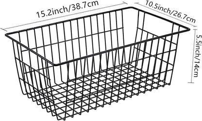Wire Storage Baskets, Large Farmhouse Metal Freezer Basket Storage Organizer Bins with Handles for Kitchen Cabinets, Pantry, Closets, Bedrooms, Bathrooms, Set of 2, White