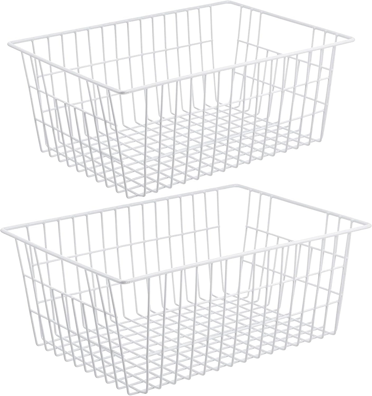 Wire Storage Baskets, Large Farmhouse Metal Freezer Basket Storage Organizer Bins with Handles for Kitchen Cabinets, Pantry, Closets, Bedrooms, Bathrooms, Set of 2, White