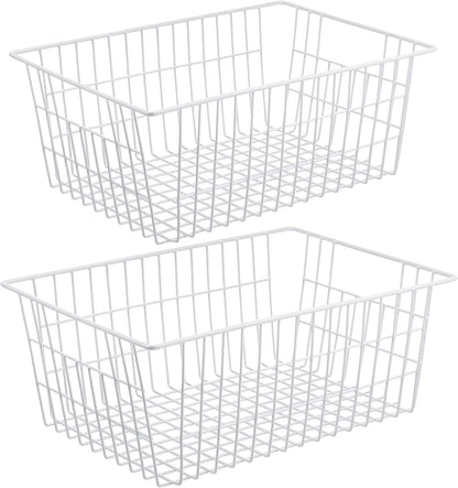 Wire Storage Baskets, Large Farmhouse Metal Freezer Basket Storage Organizer Bins with Handles for Kitchen Cabinets, Pantry, Closets, Bedrooms, Bathrooms, Set of 2, White