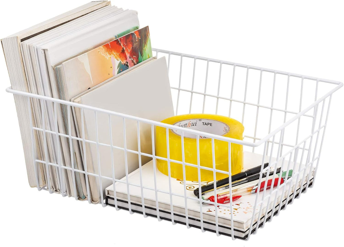 Wire Storage Baskets, Large Farmhouse Metal Freezer Basket Storage Organizer Bins with Handles for Kitchen Cabinets, Pantry, Closets, Bedrooms, Bathrooms, Set of 2, White