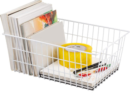 Wire Storage Baskets, Large Farmhouse Metal Freezer Basket Storage Organizer Bins with Handles for Kitchen Cabinets, Pantry, Closets, Bedrooms, Bathrooms, Set of 2, White