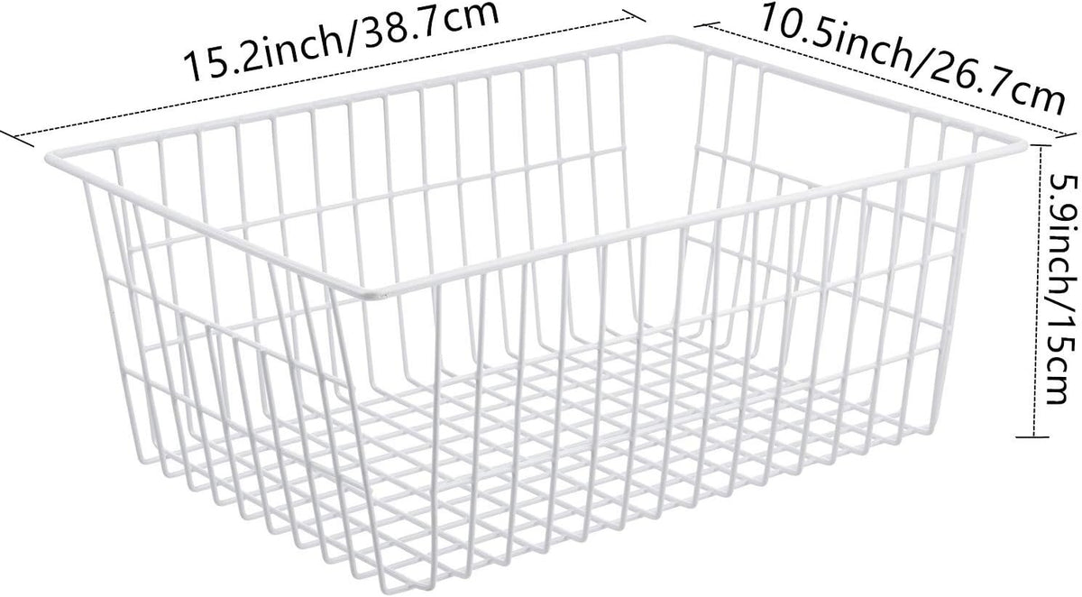 Wire Storage Baskets, Large Farmhouse Metal Freezer Basket Storage Organizer Bins with Handles for Kitchen Cabinets, Pantry, Closets, Bedrooms, Bathrooms, Set of 2, White
