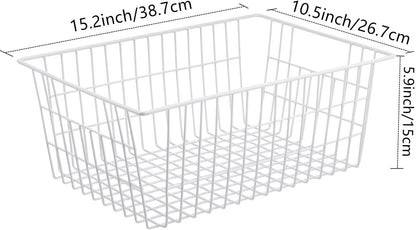 Wire Storage Baskets, Large Farmhouse Metal Freezer Basket Storage Organizer Bins with Handles for Kitchen Cabinets, Pantry, Closets, Bedrooms, Bathrooms, Set of 2, White