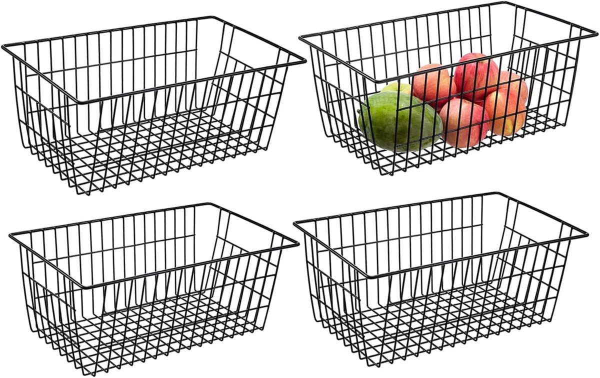 Wire Storage Baskets, Large Farmhouse Metal Freezer Basket Storage Organizer Bins with Handles for Kitchen Cabinets, Pantry, Closets, Bedrooms, Bathrooms, Set of 2, White