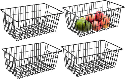 Wire Storage Baskets, Large Farmhouse Metal Freezer Basket Storage Organizer Bins with Handles for Kitchen Cabinets, Pantry, Closets, Bedrooms, Bathrooms, Set of 2, White