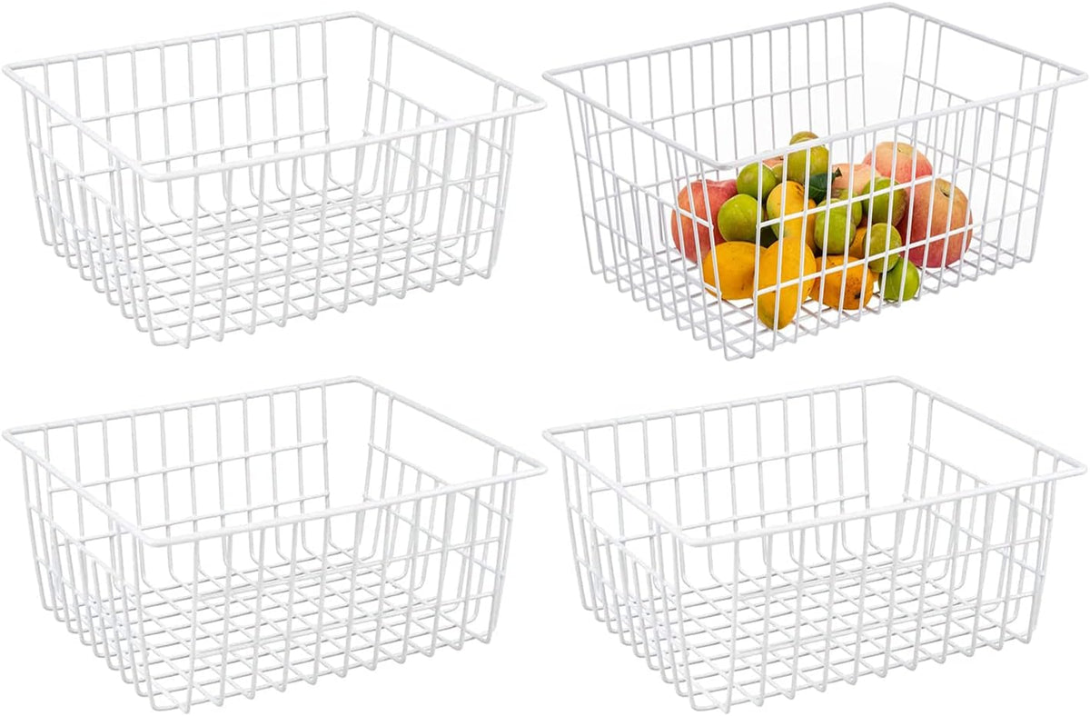Wire Storage Baskets, Large Farmhouse Metal Freezer Basket Storage Organizer Bins with Handles for Kitchen Cabinets, Pantry, Closets, Bedrooms, Bathrooms, Set of 2, White