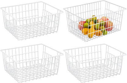 Wire Storage Baskets, Large Farmhouse Metal Freezer Basket Storage Organizer Bins with Handles for Kitchen Cabinets, Pantry, Closets, Bedrooms, Bathrooms, Set of 2, White
