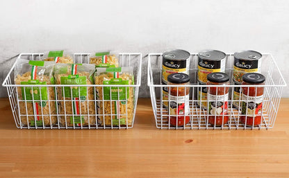 Wire Storage Baskets, Large Farmhouse Metal Freezer Basket Storage Organizer Bins with Handles for Kitchen Cabinets, Pantry, Closets, Bedrooms, Bathrooms, Set of 2, White