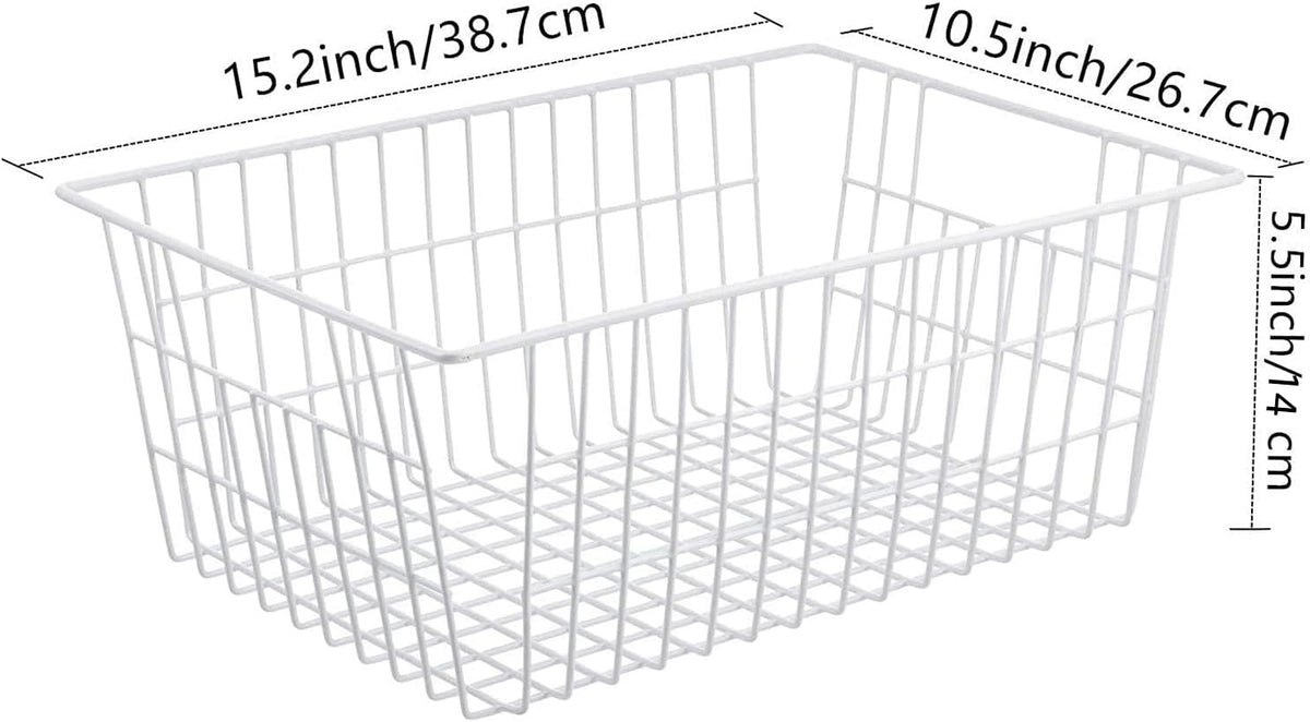 Wire Storage Baskets, Large Farmhouse Metal Freezer Basket Storage Organizer Bins with Handles for Kitchen Cabinets, Pantry, Closets, Bedrooms, Bathrooms, Set of 2, White