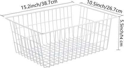 Wire Storage Baskets, Large Farmhouse Metal Freezer Basket Storage Organizer Bins with Handles for Kitchen Cabinets, Pantry, Closets, Bedrooms, Bathrooms, Set of 2, White