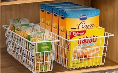 Wire Storage Baskets, Large Farmhouse Metal Freezer Basket Storage Organizer Bins with Handles for Kitchen Cabinets, Pantry, Closets, Bedrooms, Bathrooms, Set of 2, White