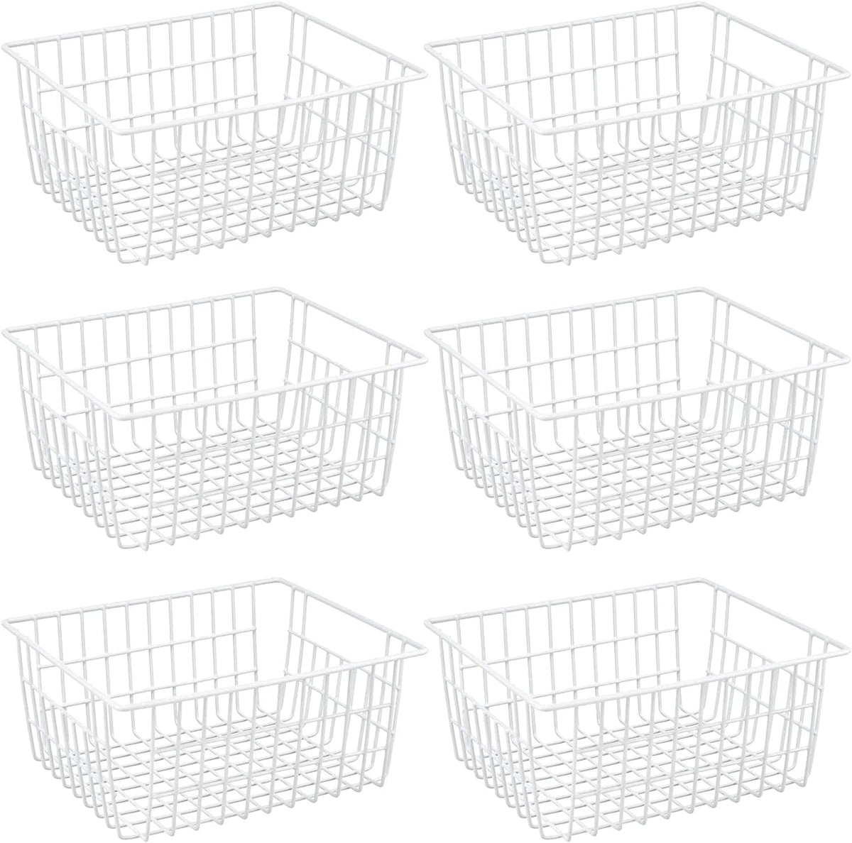 Wire Storage Baskets, Large Farmhouse Metal Freezer Basket Storage Organizer Bins with Handles for Kitchen Cabinets, Pantry, Closets, Bedrooms, Bathrooms, Set of 2, White