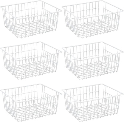 Wire Storage Baskets, Large Farmhouse Metal Freezer Basket Storage Organizer Bins with Handles for Kitchen Cabinets, Pantry, Closets, Bedrooms, Bathrooms, Set of 2, White