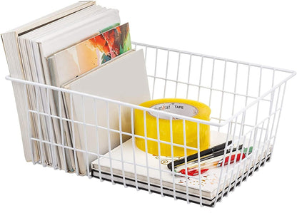 Wire Storage Baskets, Large Farmhouse Metal Freezer Basket Storage Organizer Bins with Handles for Kitchen Cabinets, Pantry, Closets, Bedrooms, Bathrooms, Set of 2, White