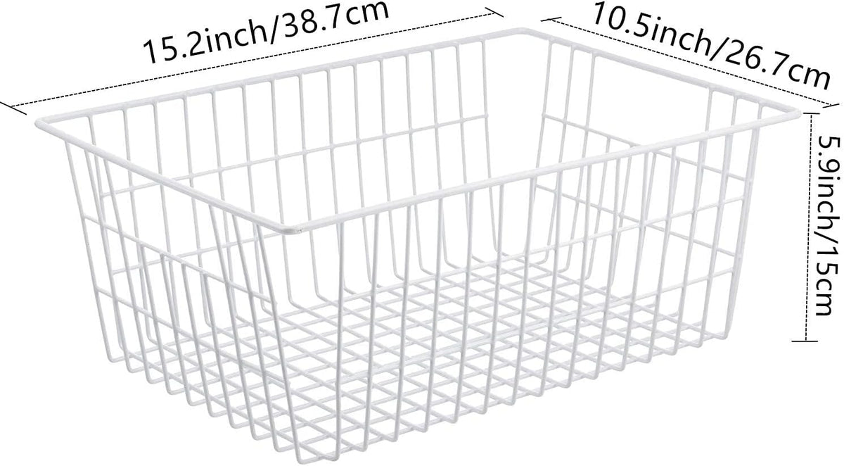 Wire Storage Baskets, Large Farmhouse Metal Freezer Basket Storage Organizer Bins with Handles for Kitchen Cabinets, Pantry, Closets, Bedrooms, Bathrooms, Set of 2, White