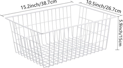 Wire Storage Baskets, Large Farmhouse Metal Freezer Basket Storage Organizer Bins with Handles for Kitchen Cabinets, Pantry, Closets, Bedrooms, Bathrooms, Set of 2, White