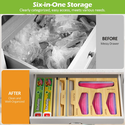 6 in 1 Bag Organizer and Wrap Dispenser with Magnetic Lid - Plastic Wrap Dispenser with Cutter for Kitchen Drawer, Storage for Gallon, Quart, Sandwich, Snack Bags, and Foil Black