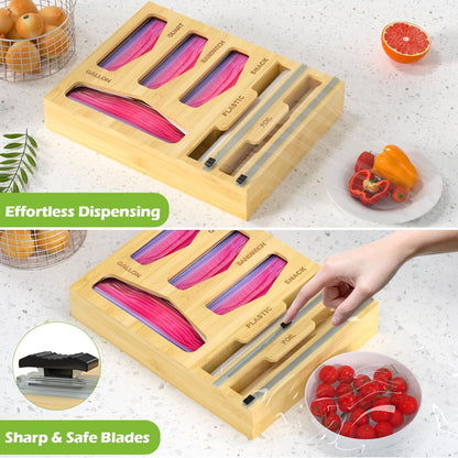 6 in 1 Bag Organizer and Wrap Dispenser with Magnetic Lid - Plastic Wrap Dispenser with Cutter for Kitchen Drawer, Storage for Gallon, Quart, Sandwich, Snack Bags, and Foil Black