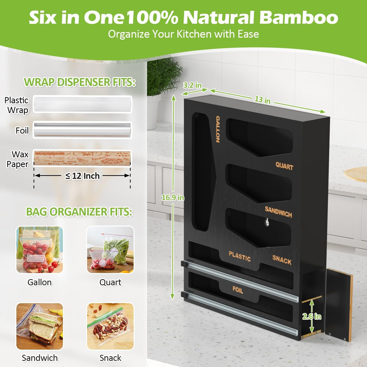 6 in 1 Bag Organizer and Wrap Dispenser with Magnetic Lid - Plastic Wrap Dispenser with Cutter for Kitchen Drawer, Storage for Gallon, Quart, Sandwich, Snack Bags, and Foil Black