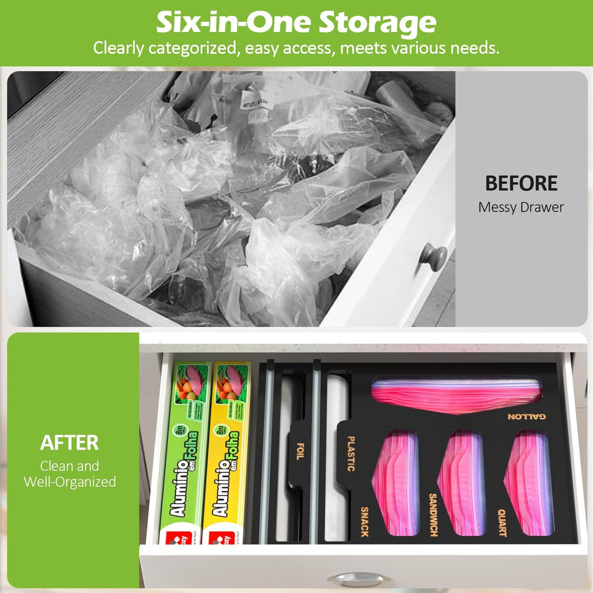 6 in 1 Bag Organizer and Wrap Dispenser with Magnetic Lid - Plastic Wrap Dispenser with Cutter for Kitchen Drawer, Storage for Gallon, Quart, Sandwich, Snack Bags, and Foil Black