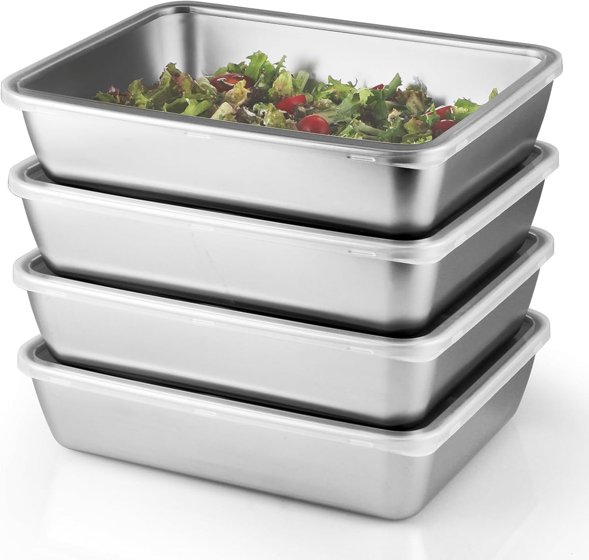 4 Pcs (68oz) Stainless Steel Food Containers with Clear Lids, 10" x 7.7" Stackable Snack Storage Boxes, Deli Meat Keeper for Refrigerator or Picnic, BBQ Party, Office, Gym Lunch