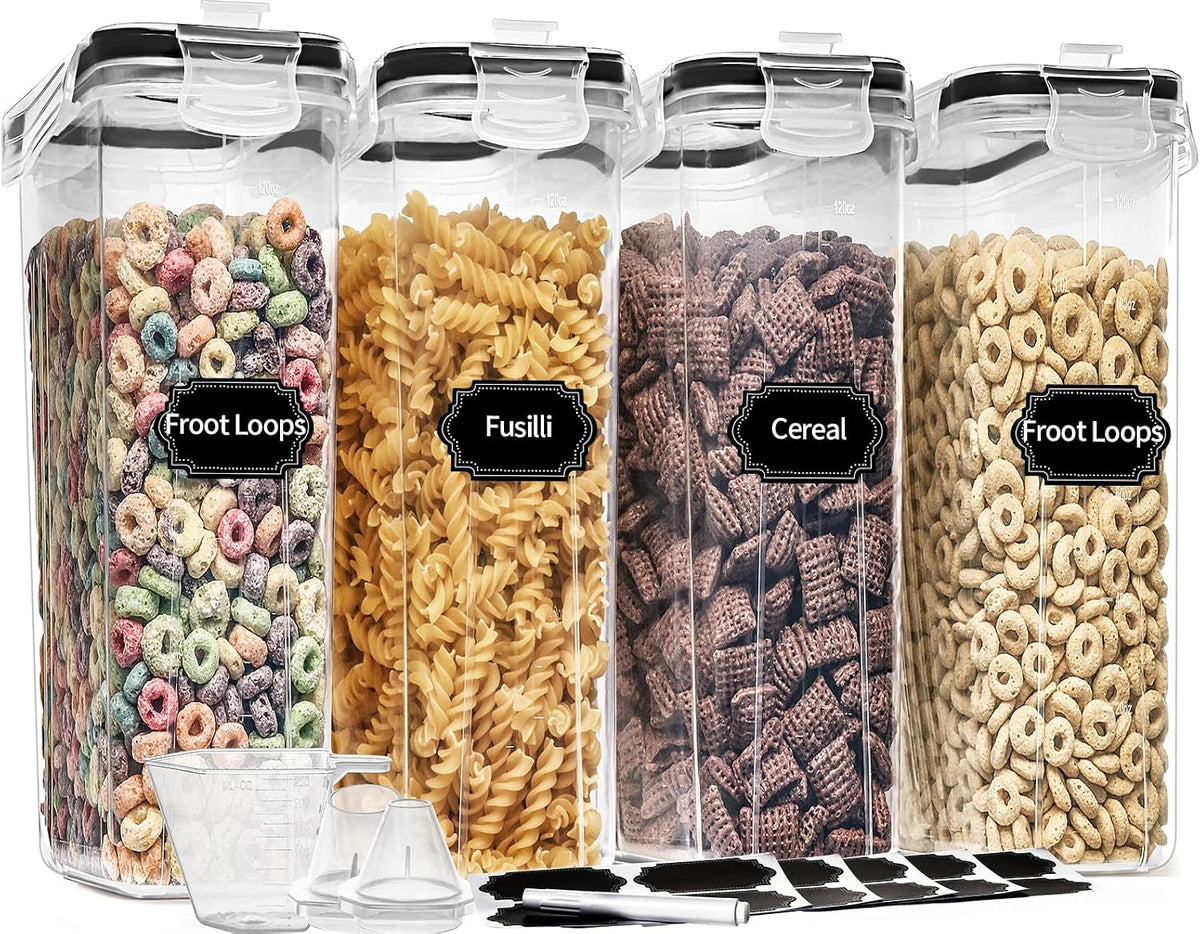 Large Dry Food Storage Containers with Lids, 6PCS Airtight Cereal Containers Storage Set, Leak-proof Canister Set for Kitchen Pantry Organization with 20 Labels & Marker (4L Black)